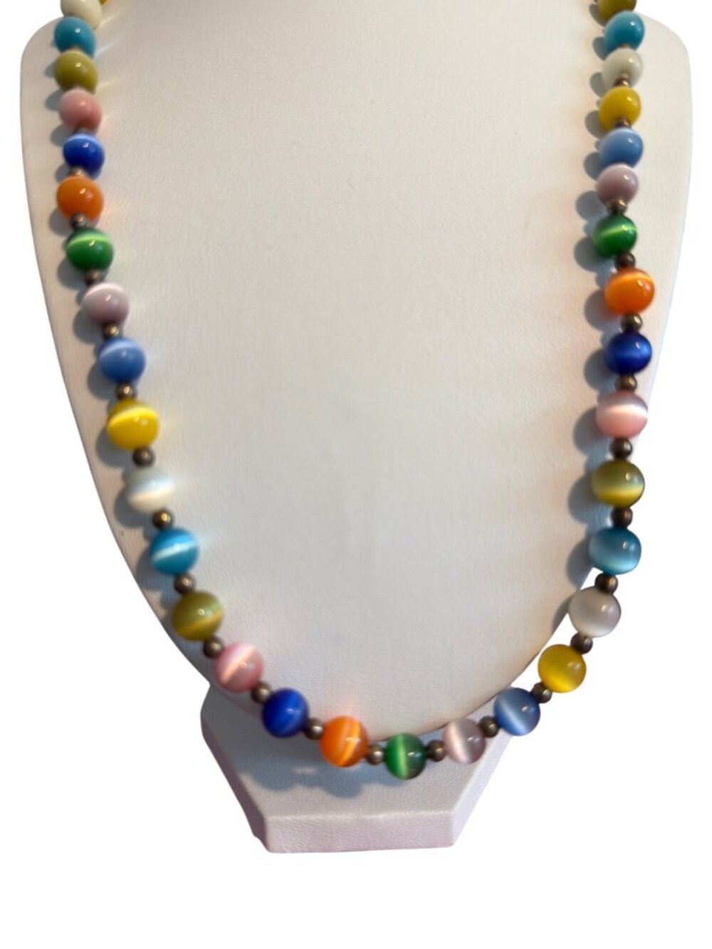 Vintage Sterling Silver Cats Eye Glass Bead Necklace Toggle Clasp 20" Estate